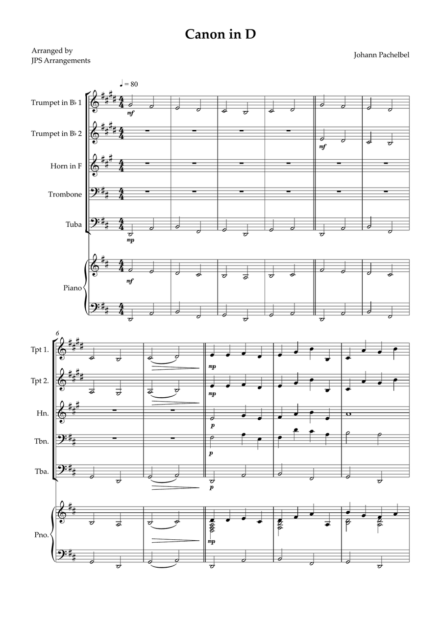 Canon in D for Brass Quintet and piano Brass Quintet scores gallery preview page 1