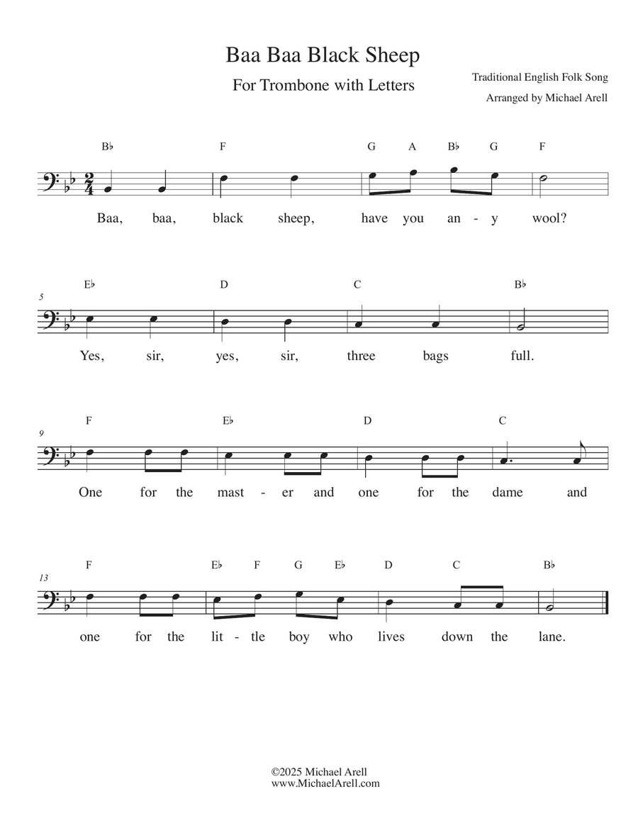Baa Baa Black Sheep for Trombone Bass Trombone scores gallery preview page 1