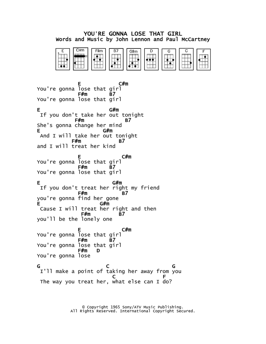 You're Gonna Lose That Girl Ukulele scores gallery preview page 1