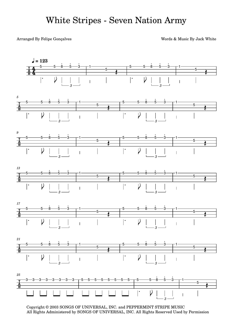 Seven Nation Army Seven Nation Army Bass Guitar Tablature scores gallery preview page 1