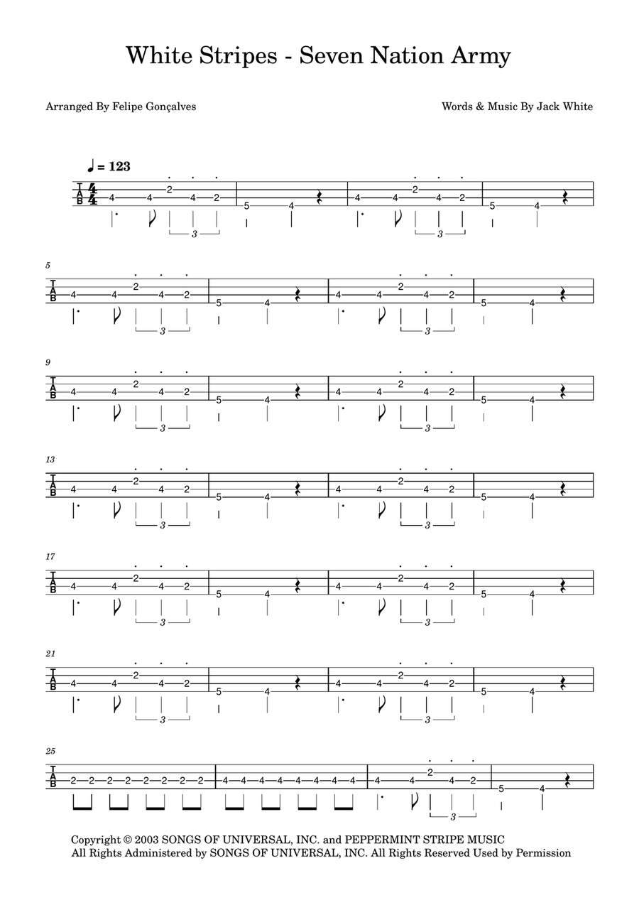 Seven Nation Army Seven Nation Army Bass Guitar Tablature scores gallery preview page 1