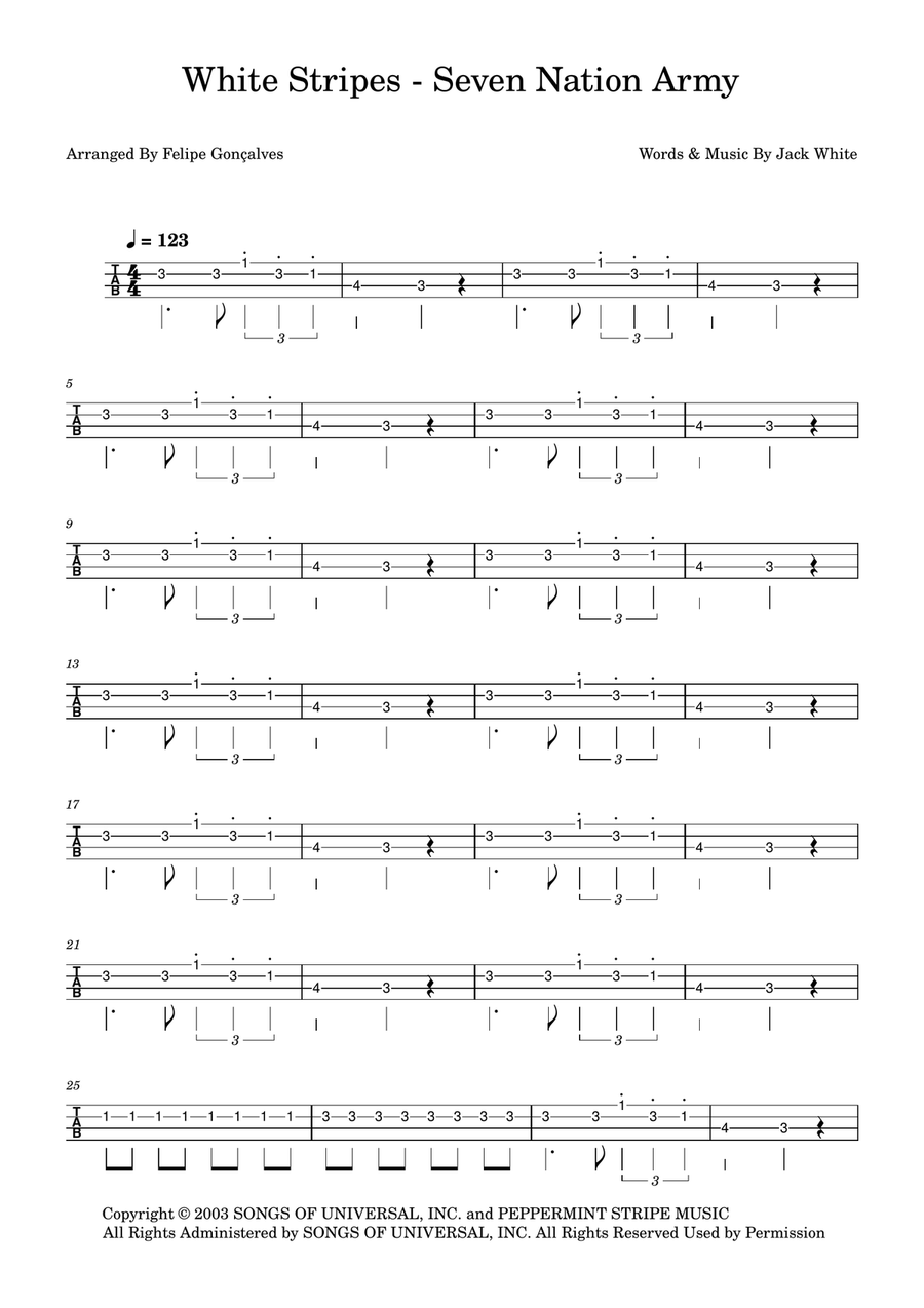 Seven Nation Army Seven Nation Army Bass Guitar Tablature scores gallery preview page 1