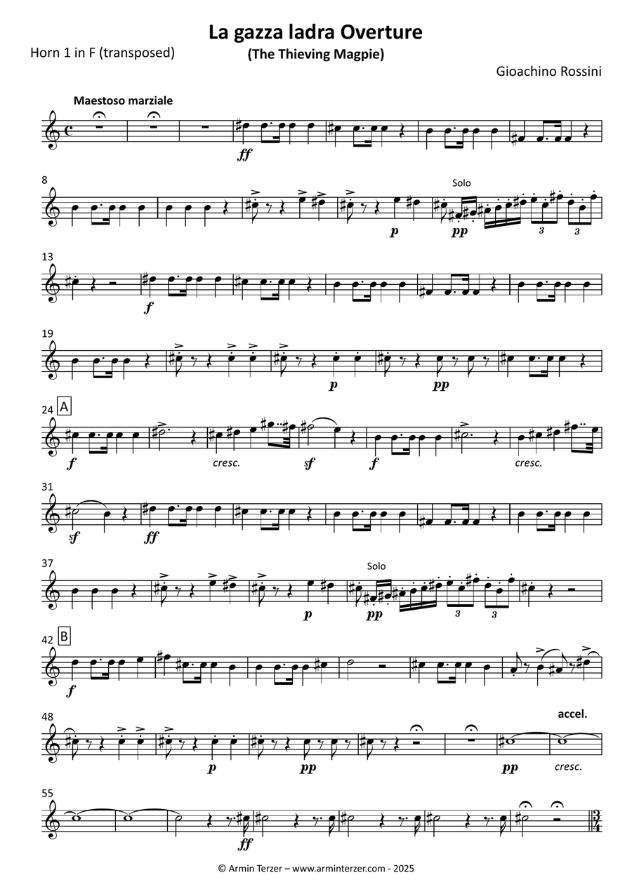 La gazza ladra (The Thieving Magpie) Overture - transposed horn parts (1-4) Horn Solo scores gallery preview page 1