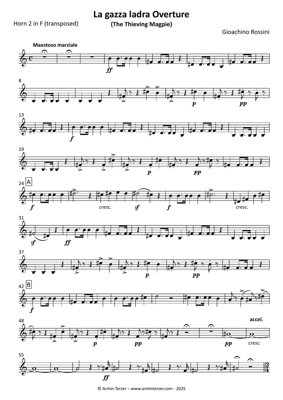 La gazza ladra (The Thieving Magpie) Overture - transposed horn parts (1-4) Horn Solo scores gallery preview page 5