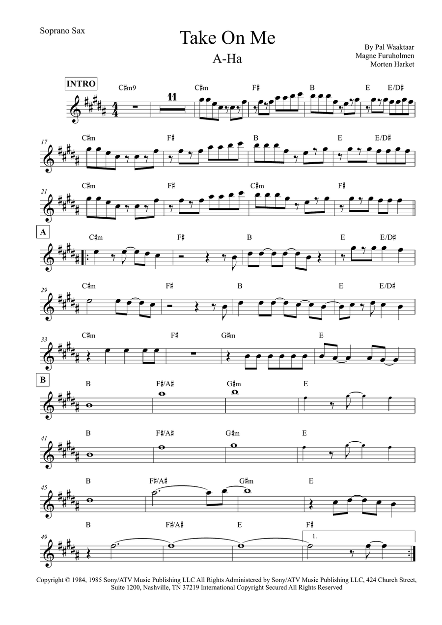 Take On Me Take On Me Soprano Saxophone scores gallery preview page 1