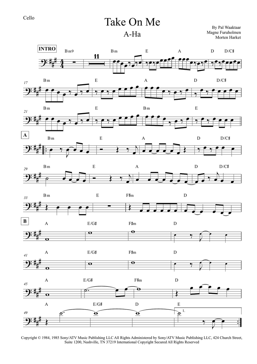 Take On Me Take On Me Cello Solo scores gallery preview page 1