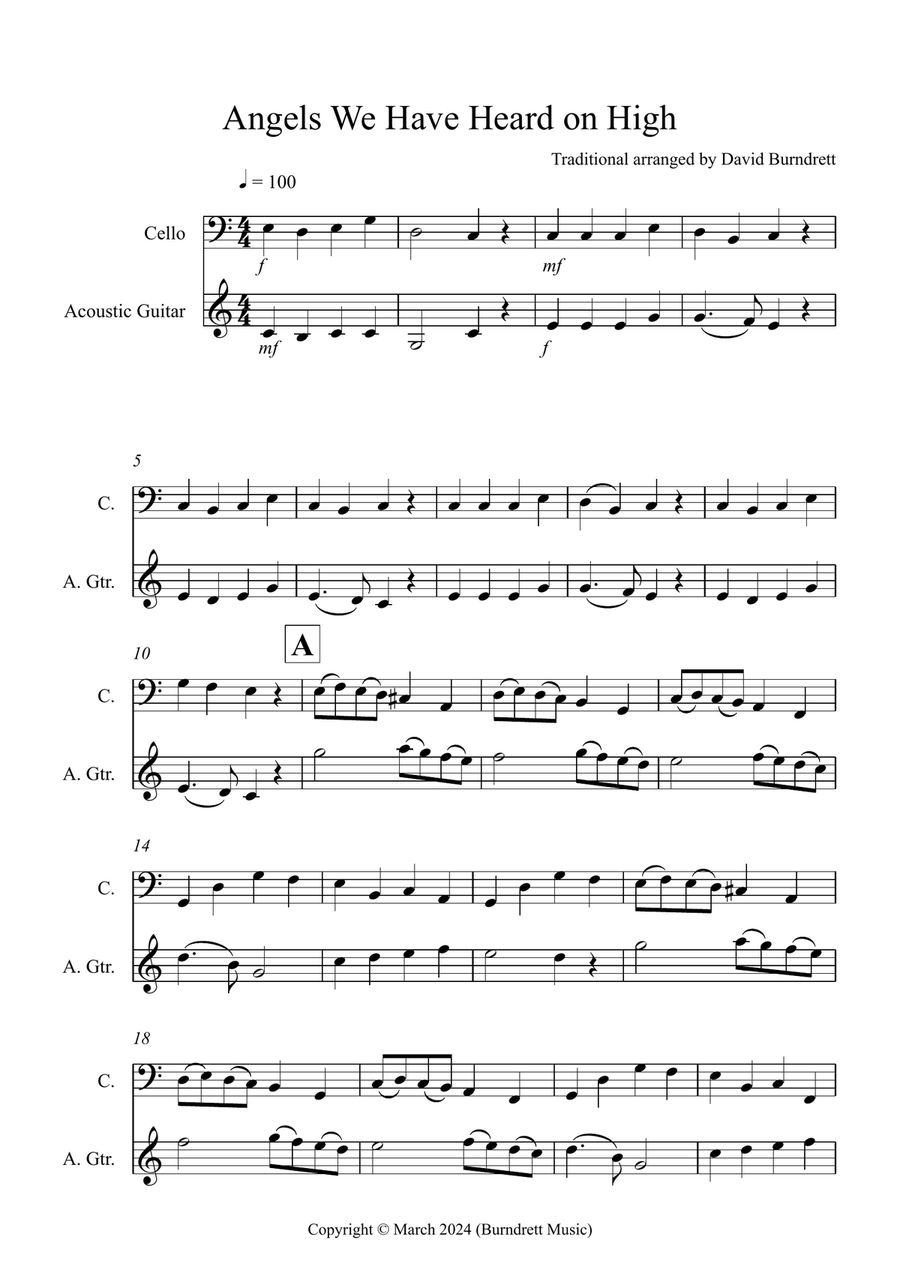 Angels We Have Heard on High for Cello and Guitar Duet String Duet scores gallery preview page 1