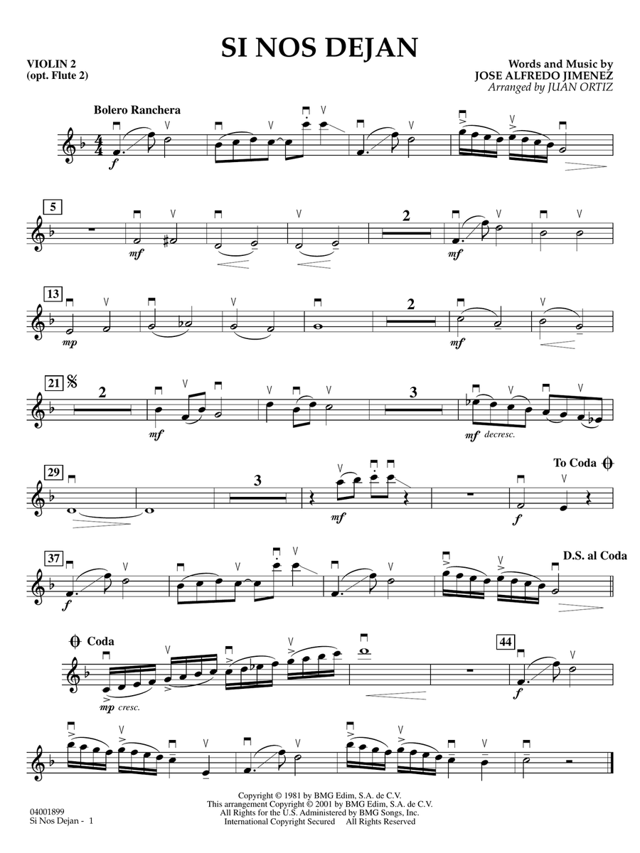 Si Nos Dejan (arr. Juan Ortiz) - Violin 2 Concert Band scores gallery preview page 1