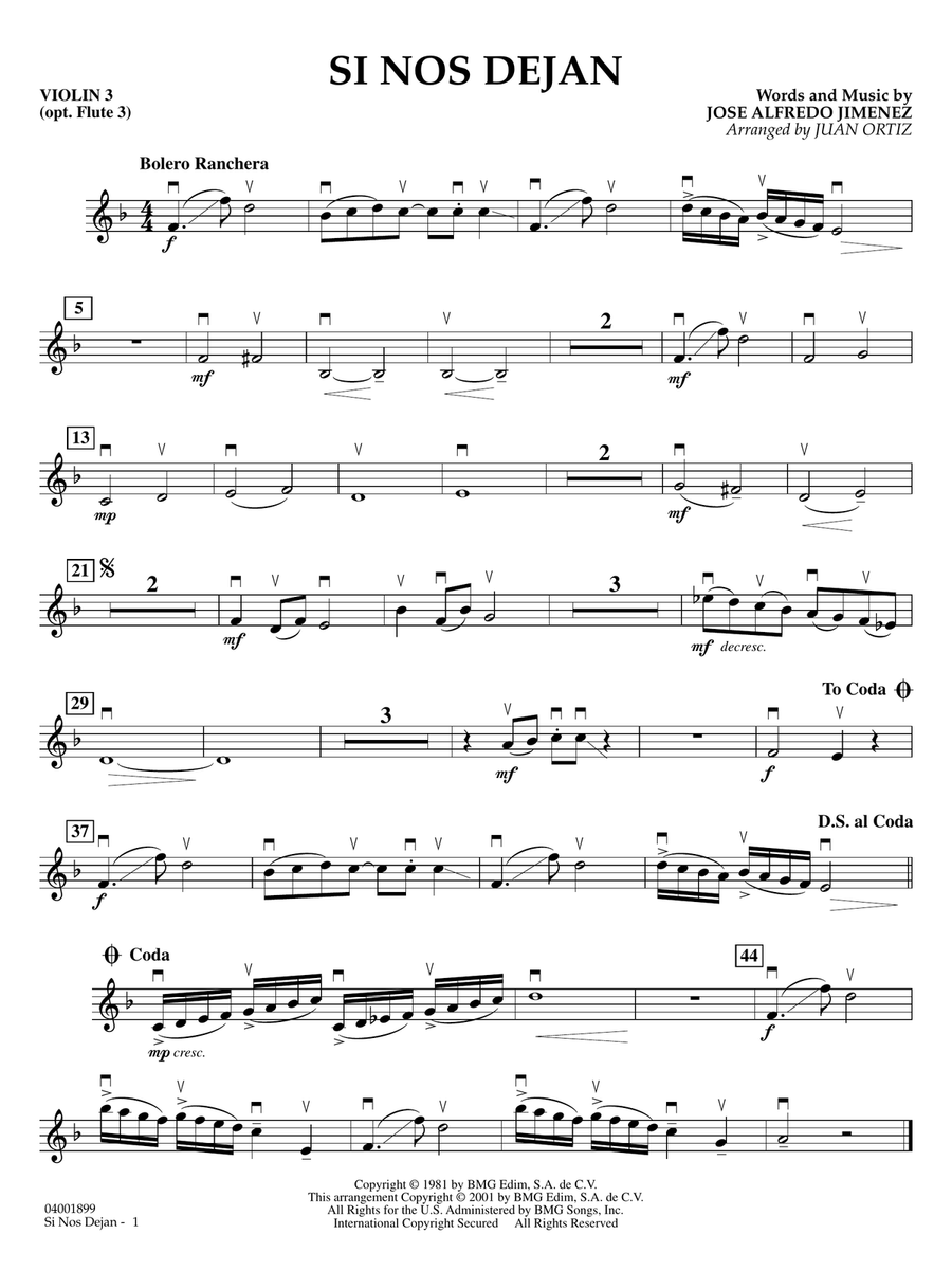 Si Nos Dejan (arr. Juan Ortiz) - Violin 3 Concert Band scores gallery preview page 1