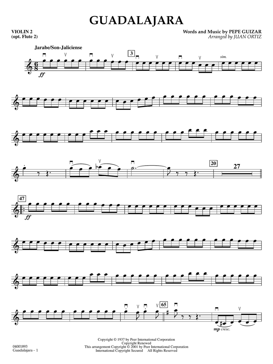 Guadalajara (arr. Juan Ortiz) - Violin 2 Concert Band scores gallery preview page 1