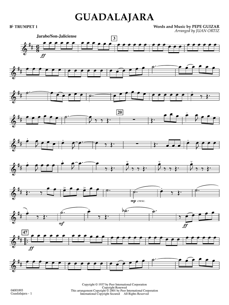 Guadalajara (arr. Juan Ortiz) - Trumpet 1 Concert Band scores gallery preview page 1