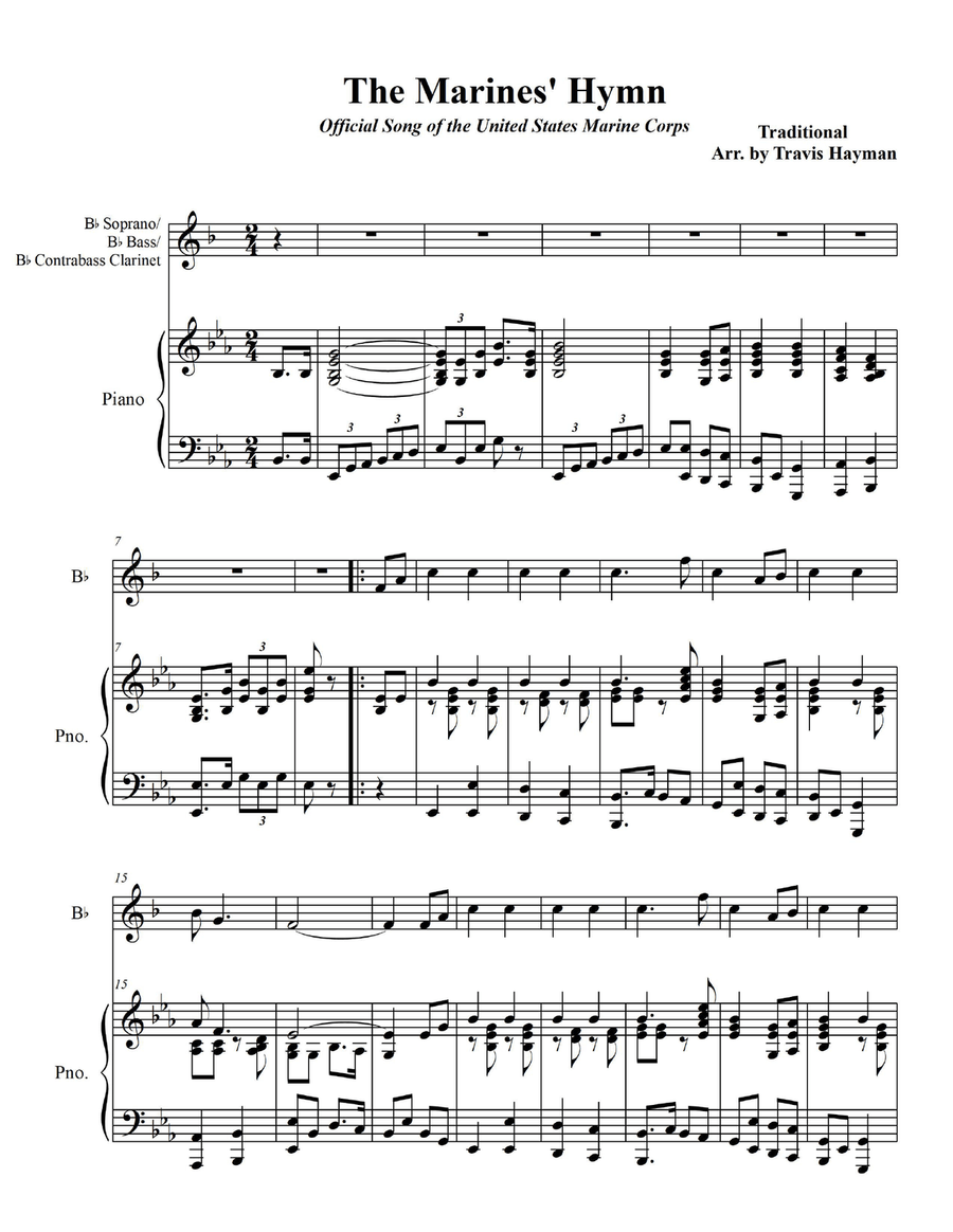 Marines' Hymn - for Bb Soprano/Bb Bass/Bb Contrabass Clarinet with Piano Accompaniment B-Flat Clarinet scores gallery preview page 3