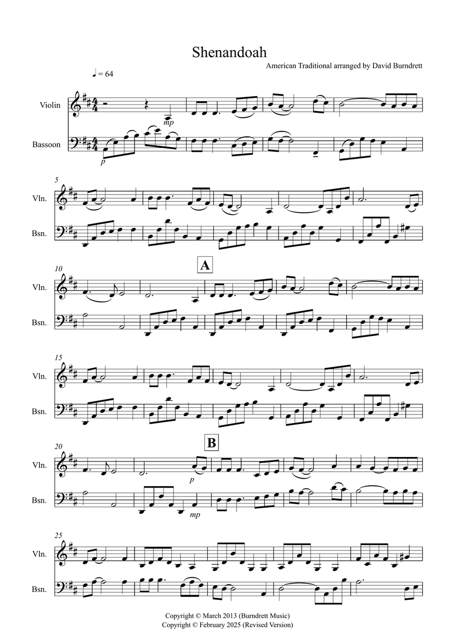 Shenandoah for Violin and Bassoon Duet Bassoon scores gallery preview page 1