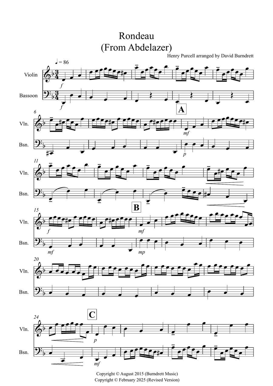 Rondeau (from Abdelazer) for Violin and Bassoon Duet Bassoon scores gallery preview page 1