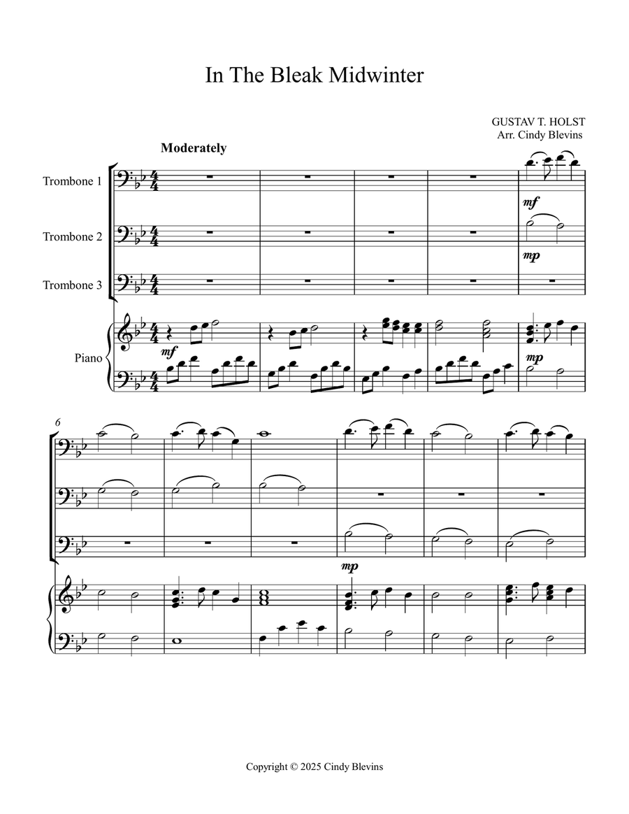 In the Bleak Midwinter, for Three Trombones and Piano Trombone Trio scores gallery preview page 2
