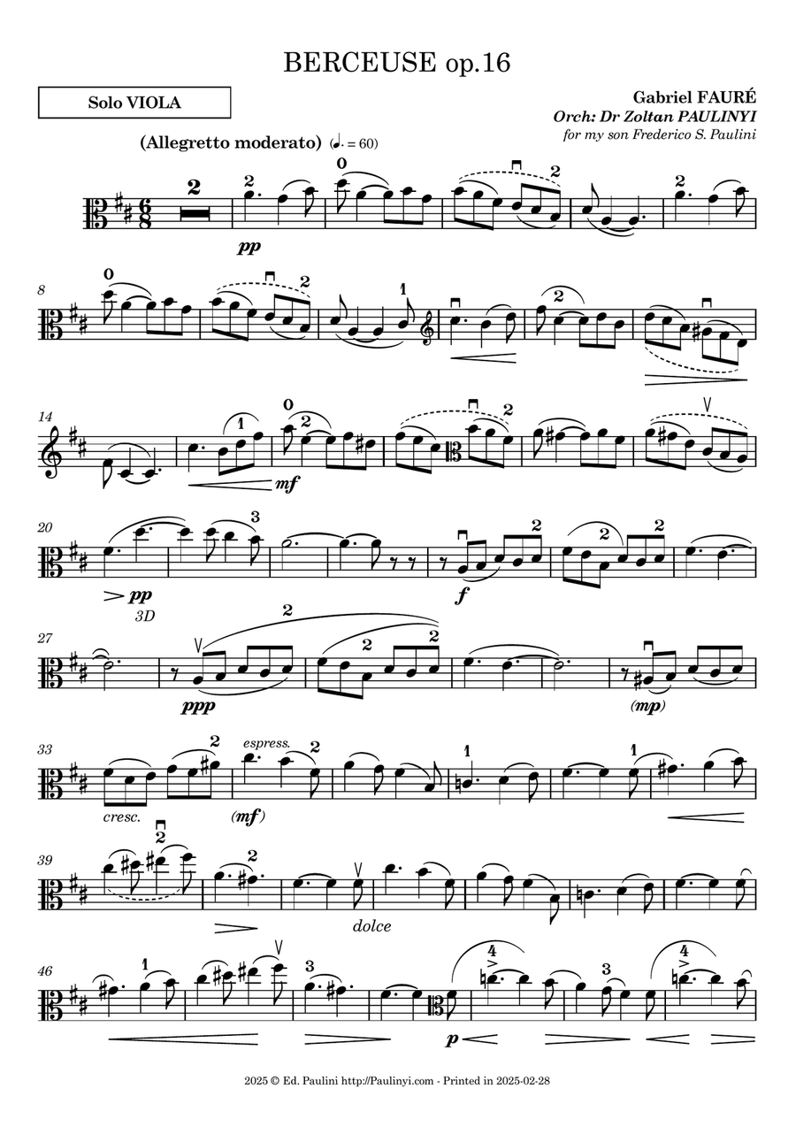 Faure's Berceuse op.16 for solo viola/cello and strings quartet or quintet. Ed. Paulinyi. String Orchestra scores gallery preview page 3