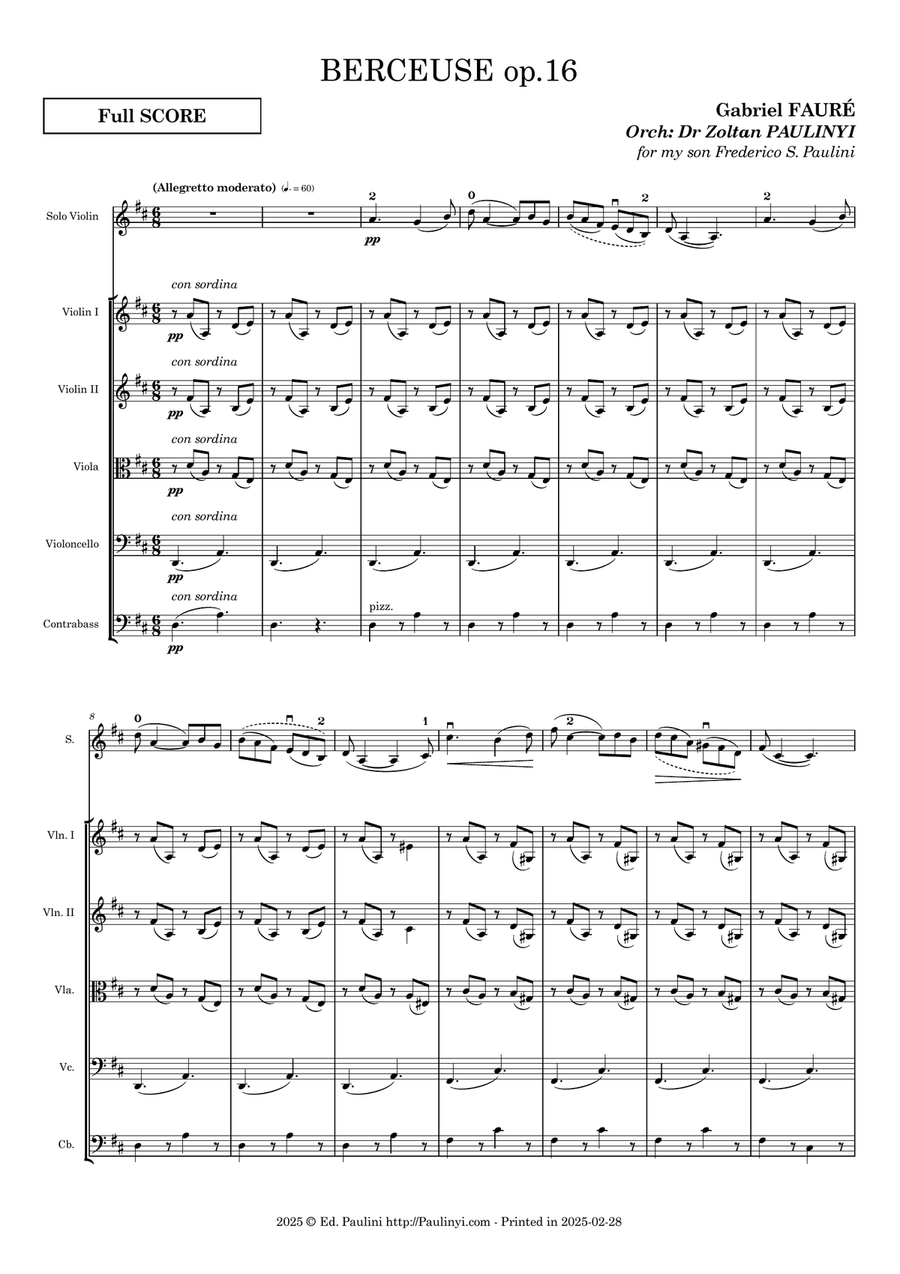 Faure's Berceuse op.16 for solo viola/cello and strings quartet or quintet. Ed. Paulinyi. String Orchestra scores gallery preview page 5