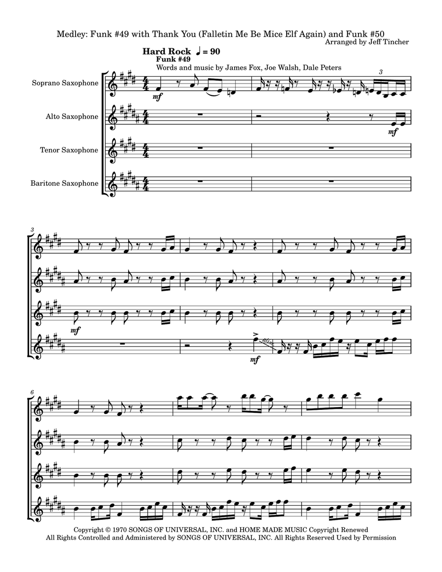 Medley: Funk #49 with Thank You (Falletin Me Be Mice Elf Again) and Funk 50 Saxophone Quartet scores gallery preview page 2