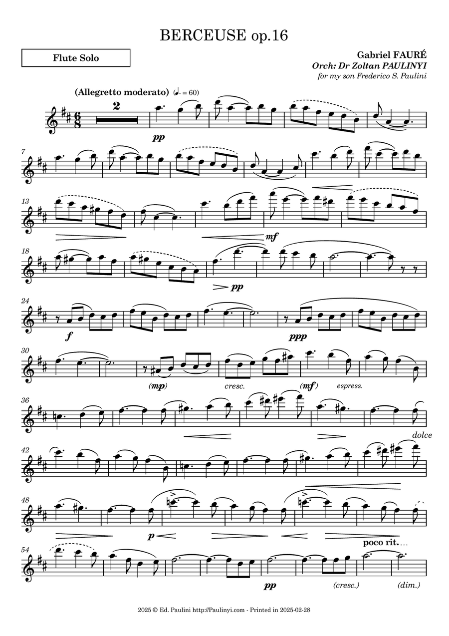 Faure's Berceuse op.16 for solo flute/clarinet/bassoon and string quartet/quintet/orch.Ed. Paulinyi. Small Ensemble scores gallery preview page 3