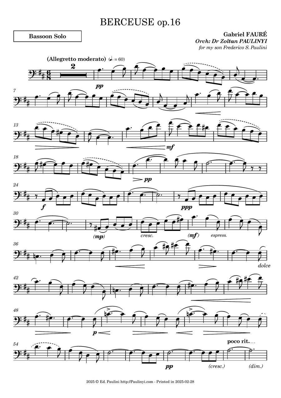 Faure's Berceuse op.16 for solo flute/clarinet/bassoon and string quartet/quintet/orch.Ed. Paulinyi. Small Ensemble scores gallery preview page 5
