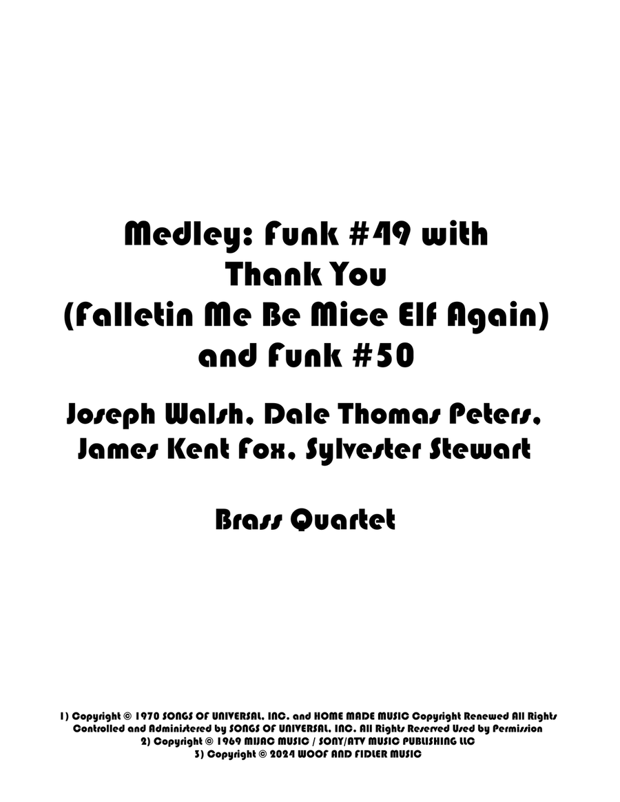 Medley: Funk #49 with Thank You (Falletin Me Be Mice Elf Again) and Funk 50 Brass Quartet scores gallery preview page 1