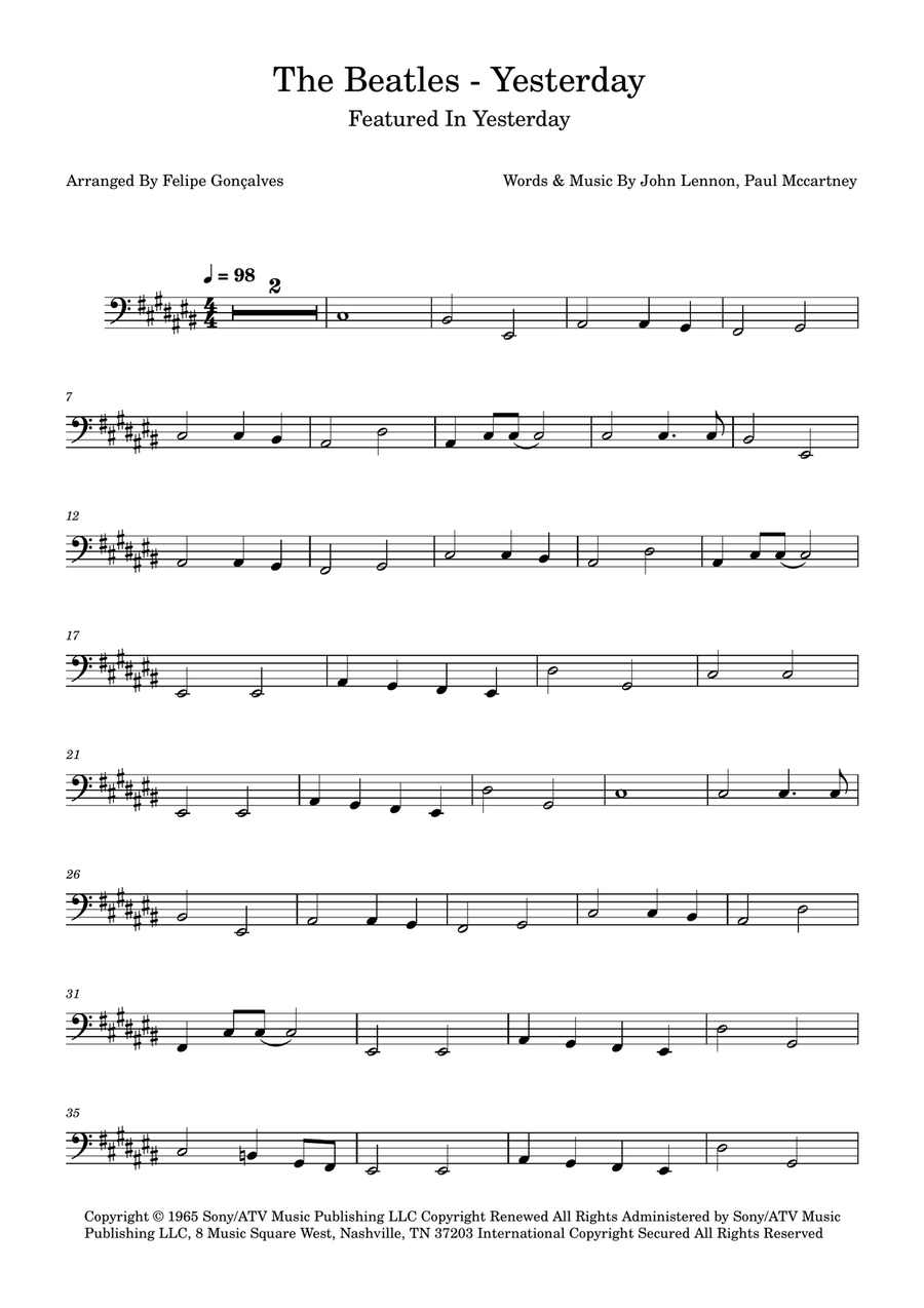 Yesterday Yesterday Bass Guitar scores gallery preview page 1