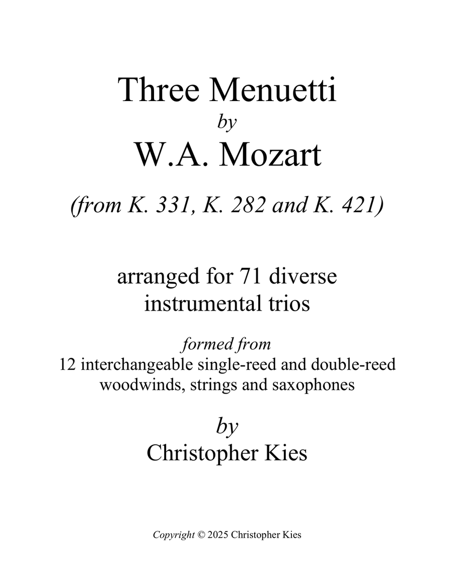 Three Menuetti by Mozart from K. 331, 282 and 421, arranged for 71 diverse instrumental trios Small Ensemble scores gallery preview page 1