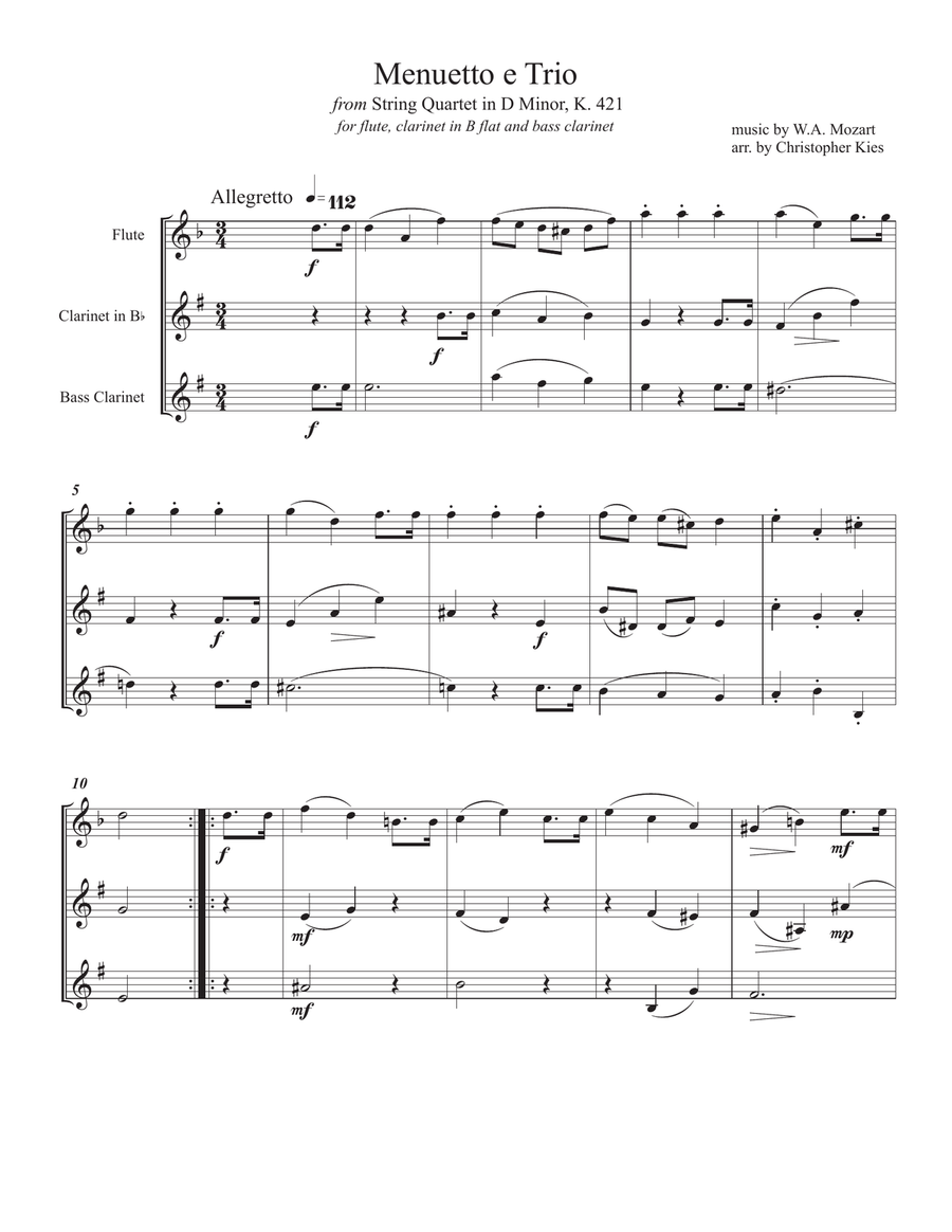 Three Menuetti by Mozart from K. 331, 282 and 421, arranged for 71 diverse instrumental trios Small Ensemble scores gallery preview page 4