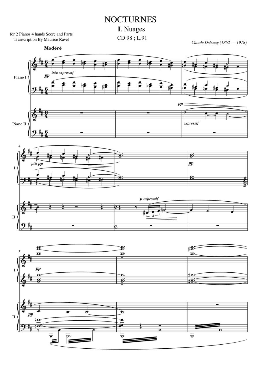 Claude Debussy - Trois Nocturnes for piano 4 hands 1. Nuages - CD 98 ; L.91 Original Piano Duet scores gallery preview page 1