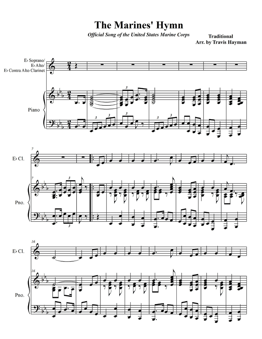 Marines' Hymn - for Eb Soprano/Eb Alto/Eb Contra Alto Clarinet with Piano Accompaniment E-Flat Clarinet scores gallery preview page 3