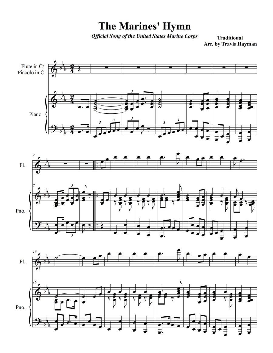 Marines' Hymn - for Flute in C/Piccolo in C with Piano Accompaniment Flute scores gallery preview page 3