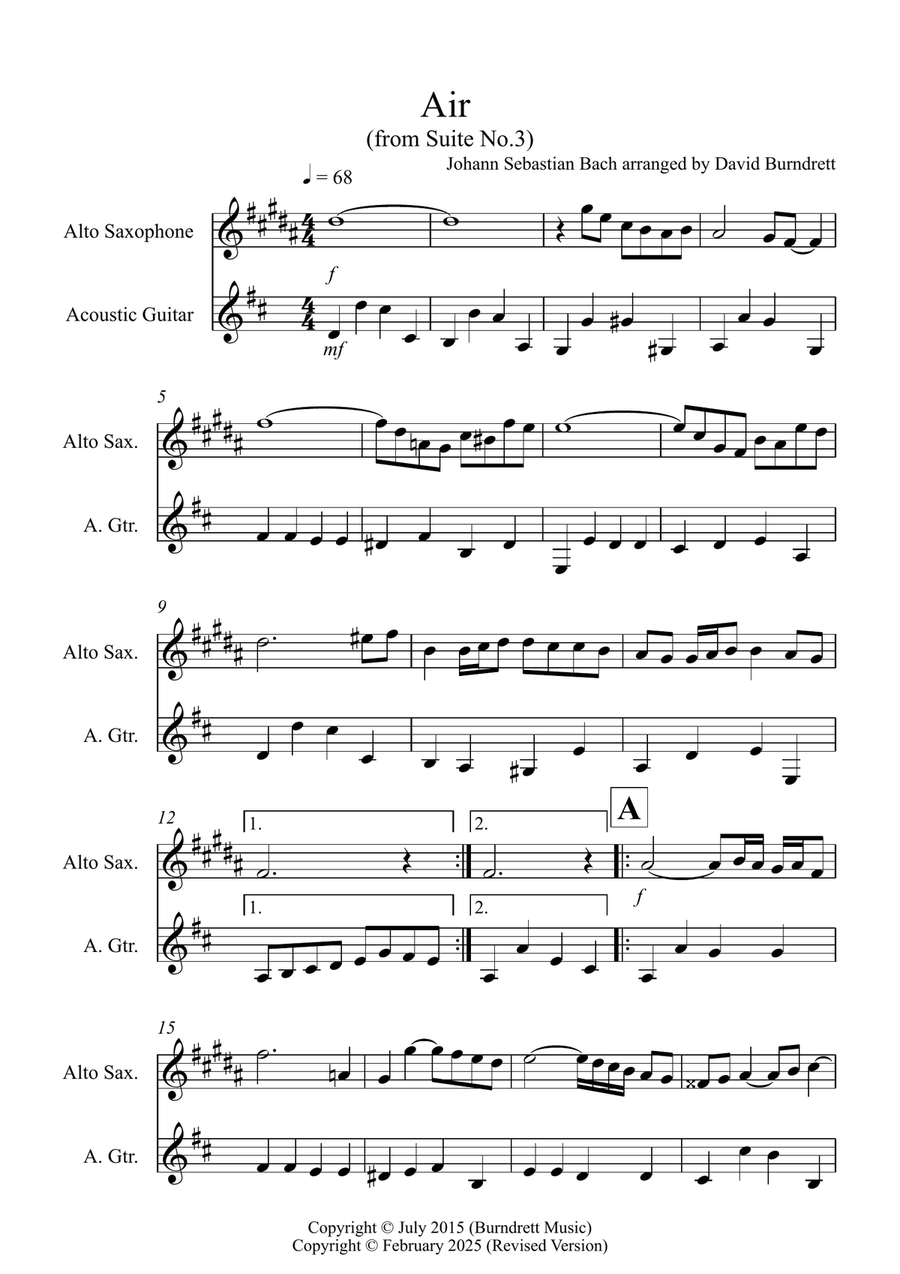 Air on a G String for Alto Saxophone and Guitar Duet Alto Saxophone scores gallery preview page 1