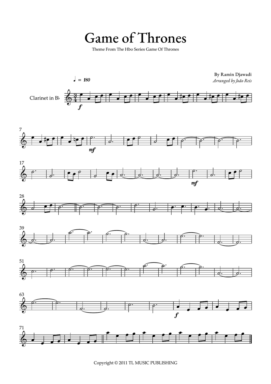 Game Of Thrones Game Of Thrones B-Flat Clarinet scores gallery preview page 1