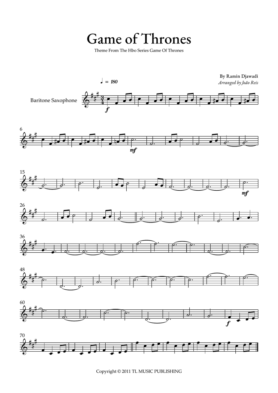Game Of Thrones Game Of Thrones Baritone Saxophone scores gallery preview page 1