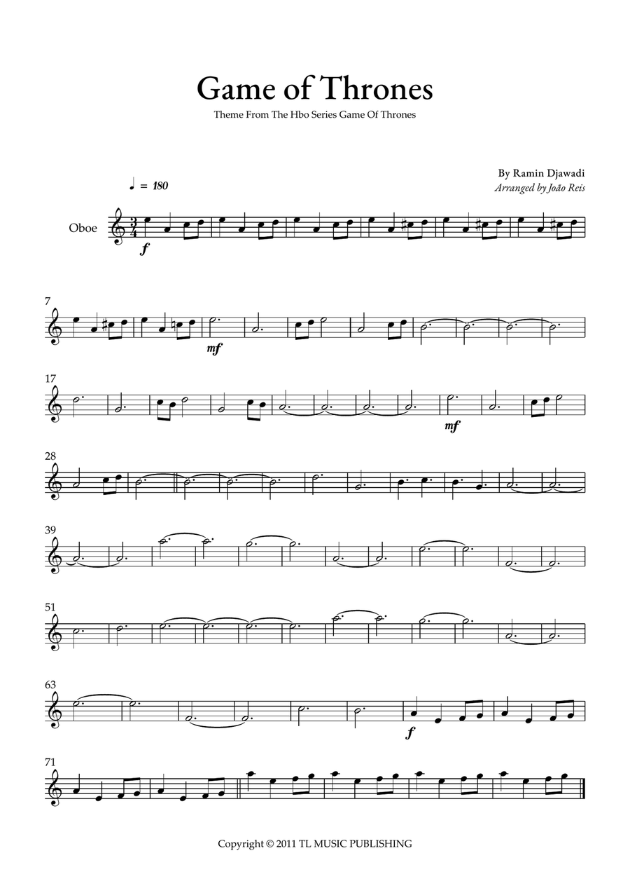 Game Of Thrones Game Of Thrones Oboe Solo scores gallery preview page 1