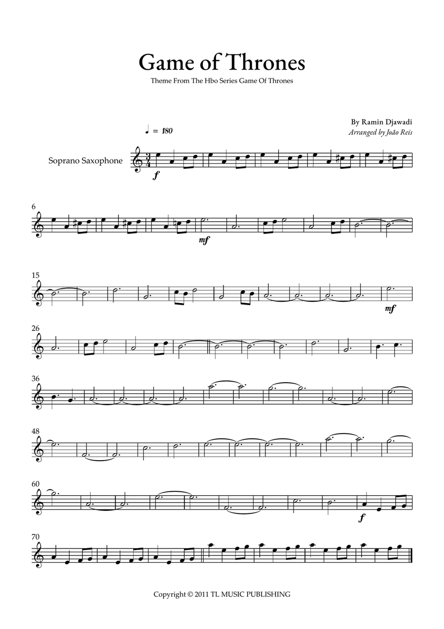Game Of Thrones Game Of Thrones Soprano Saxophone scores gallery preview page 1