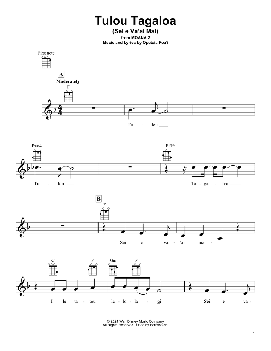 Tulou Tagaloa (Sei e Va'ai Mai) (from Moana 2) Ukulele scores gallery preview page 1