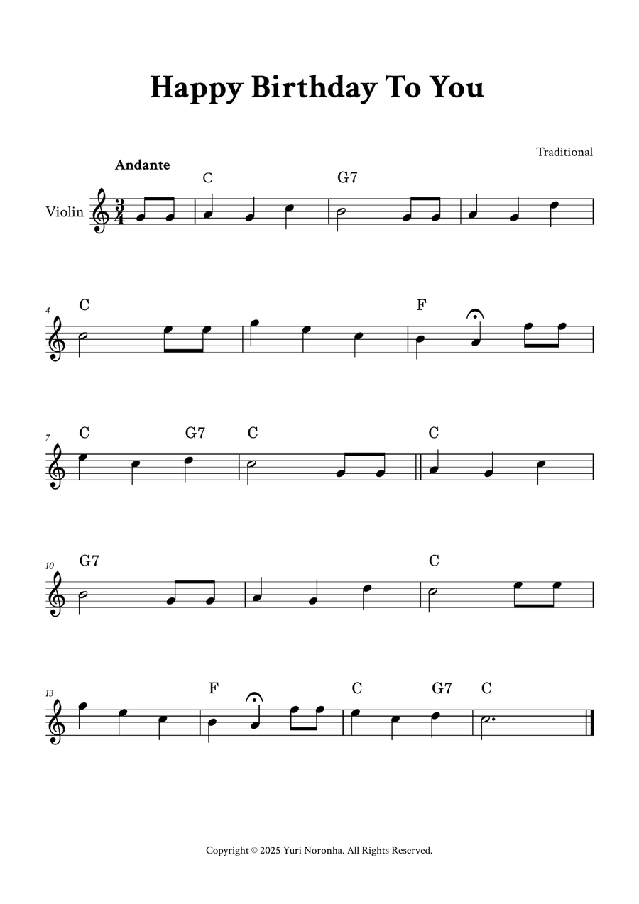 Happy Birthday To You - Violin in C (with Chords) Violin Solo scores gallery preview page 1