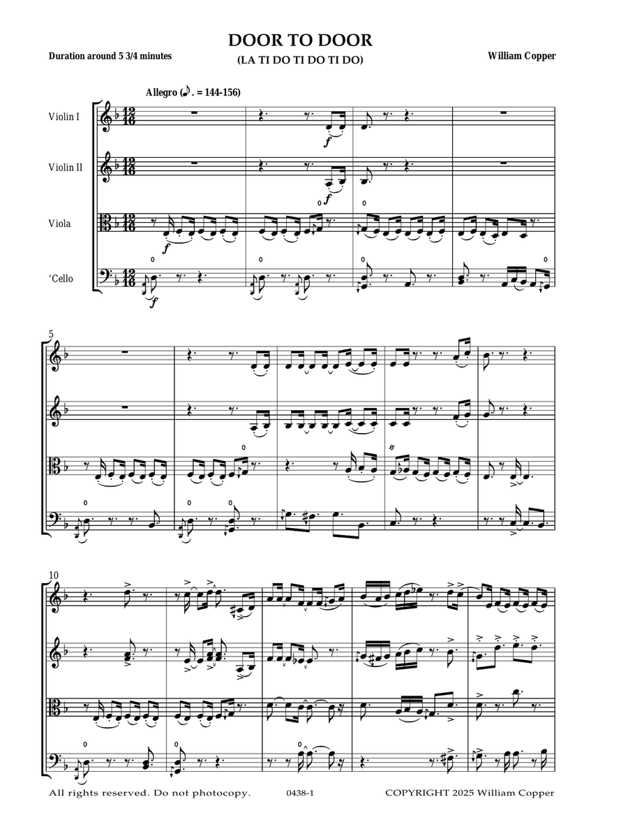 Door to Door (LA TI DO TI DO TI DO) - Score Only String Quartet scores gallery preview page 1