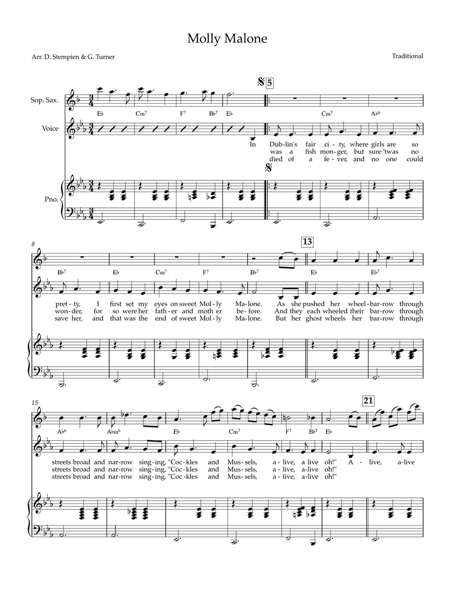 Molly Malone (with Soprano Sax & Piano, 2 or 3 players) Small Ensemble scores gallery preview page 1