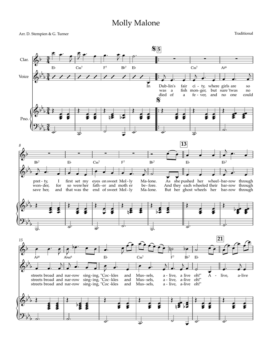 Molly Malone (with Clarinet & Piano, 2 or 3 players) Small Ensemble scores gallery preview page 1