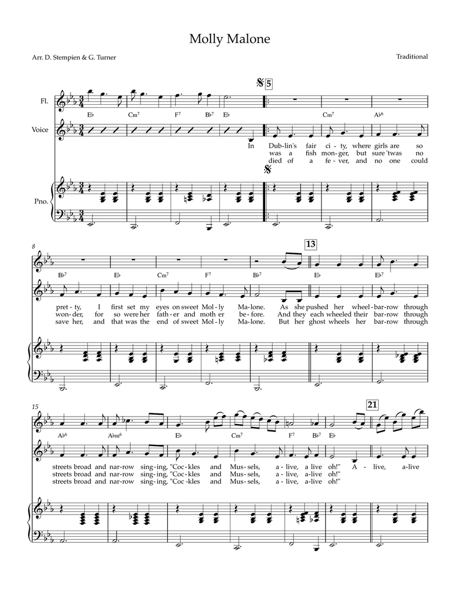 Molly Malone (with Flute & Piano, 2 or 3 players) Piano, Vocal scores gallery preview page 1
