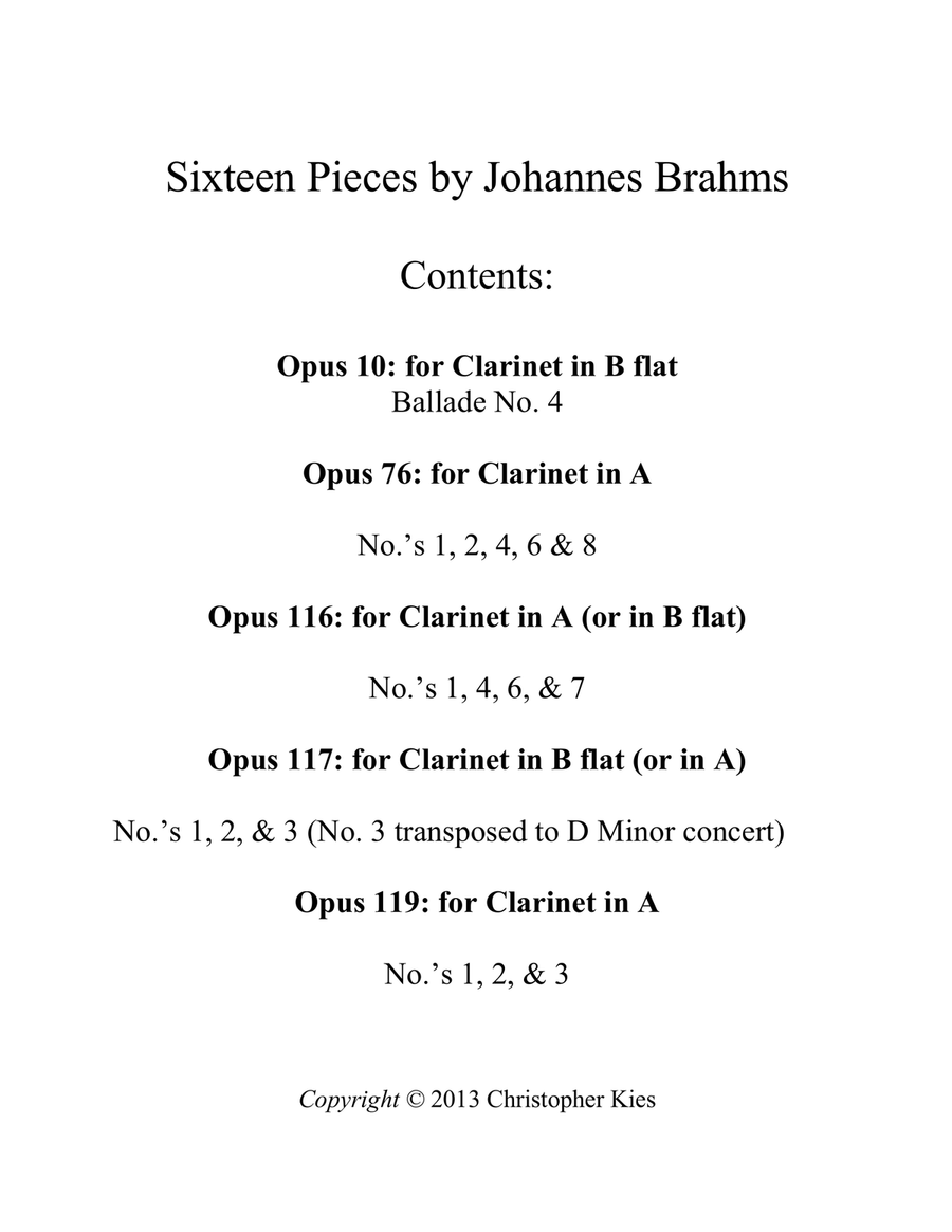 Sixteen Piano Pieces by Brahms, from Op. 10, 76, 116, 117 and 119, arranged for clarinet and piano Chamber Music scores gallery preview page 2