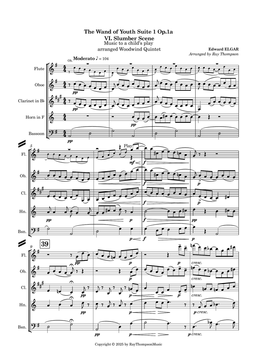 Elgar: The Wand of Youth Suite No.1 Op.1a VI.Slumber Scene - wind quintet Woodwind Quintet scores gallery preview page 2