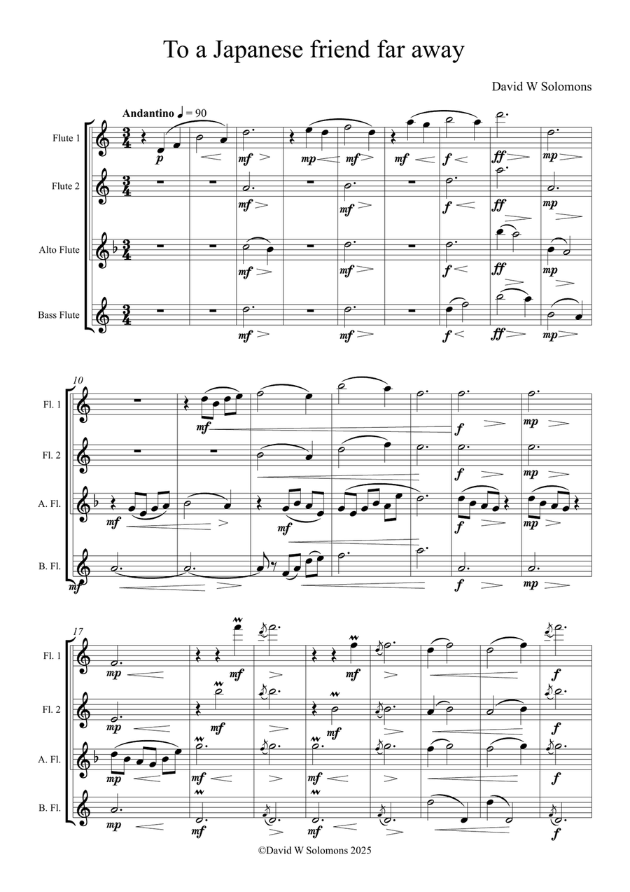 To a Japanese friend far away for flute quartet Flute Quartet scores gallery preview page 1