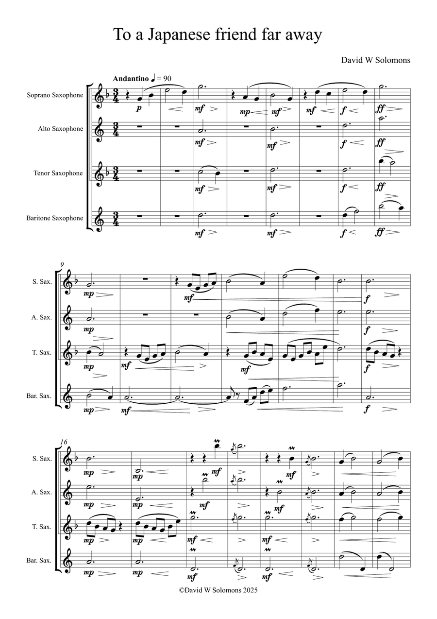 To a Japanese friend far away for saxophone quartet Saxophone Quartet scores gallery preview page 1