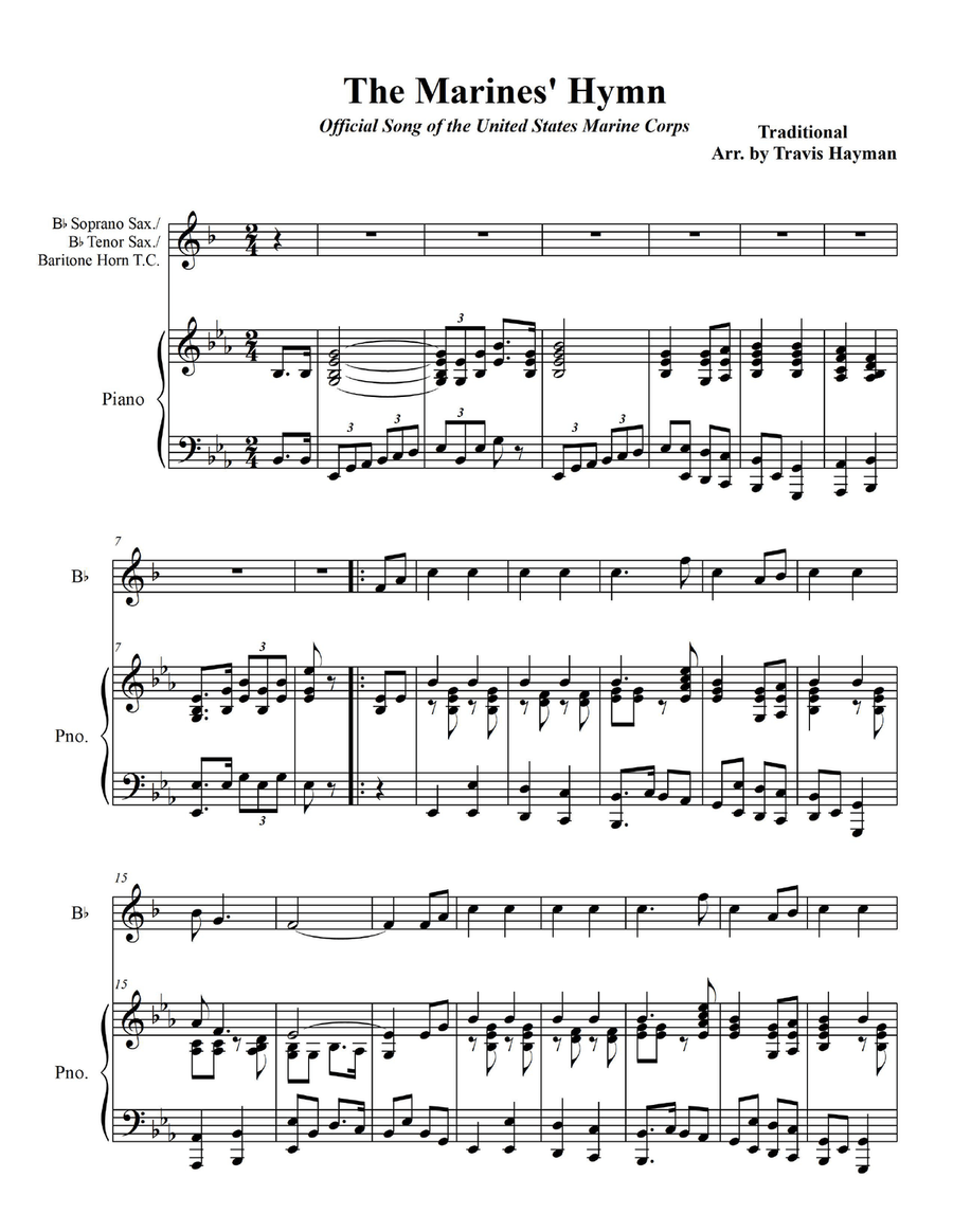 Marines' Hymn - for Bb Soprano Sax./Bb Tenor Sax./Baritone T.C. with Piano Accompaniment Tenor Saxophone scores gallery preview page 3