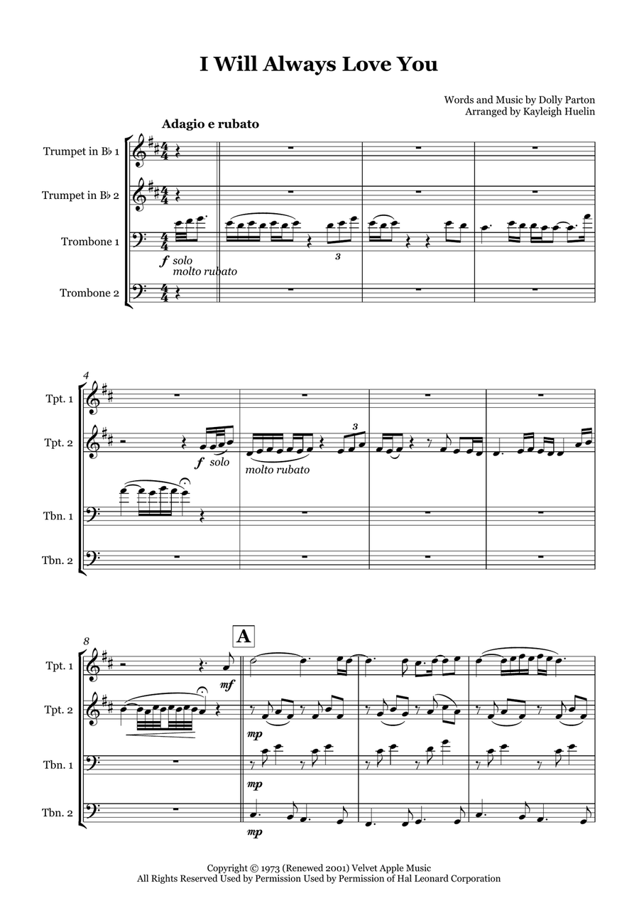 I Will Always Love You I Will Always Love You Brass Quartet scores gallery preview page 1
