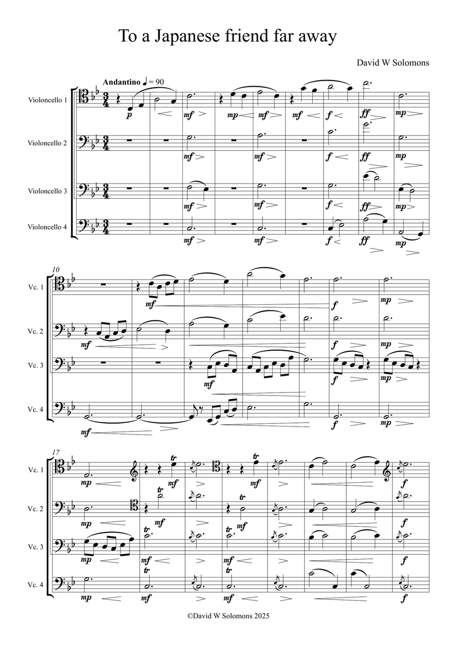 To a Japanese friend far away for cello quartet String Quartet scores gallery preview page 1