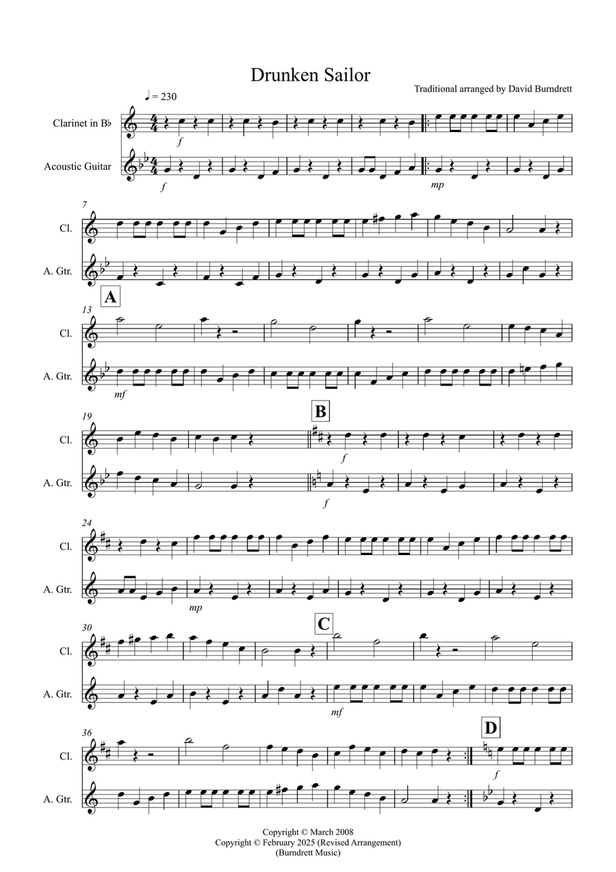 Drunken Sailor for Clarinet and Guitar Duet B-Flat Clarinet scores gallery preview page 1